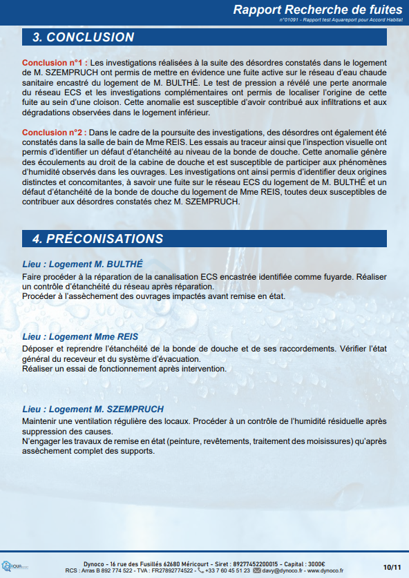 Conclusion et préconisation d'un exemple de rapport de recherche de fuite