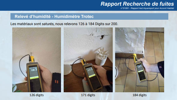 Relevé d'humidimètre d'un exemple de rapport de recherche de fuite