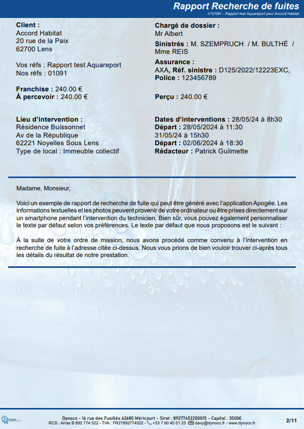 Page administrative d'un exemple de rapport de recherche de fuite