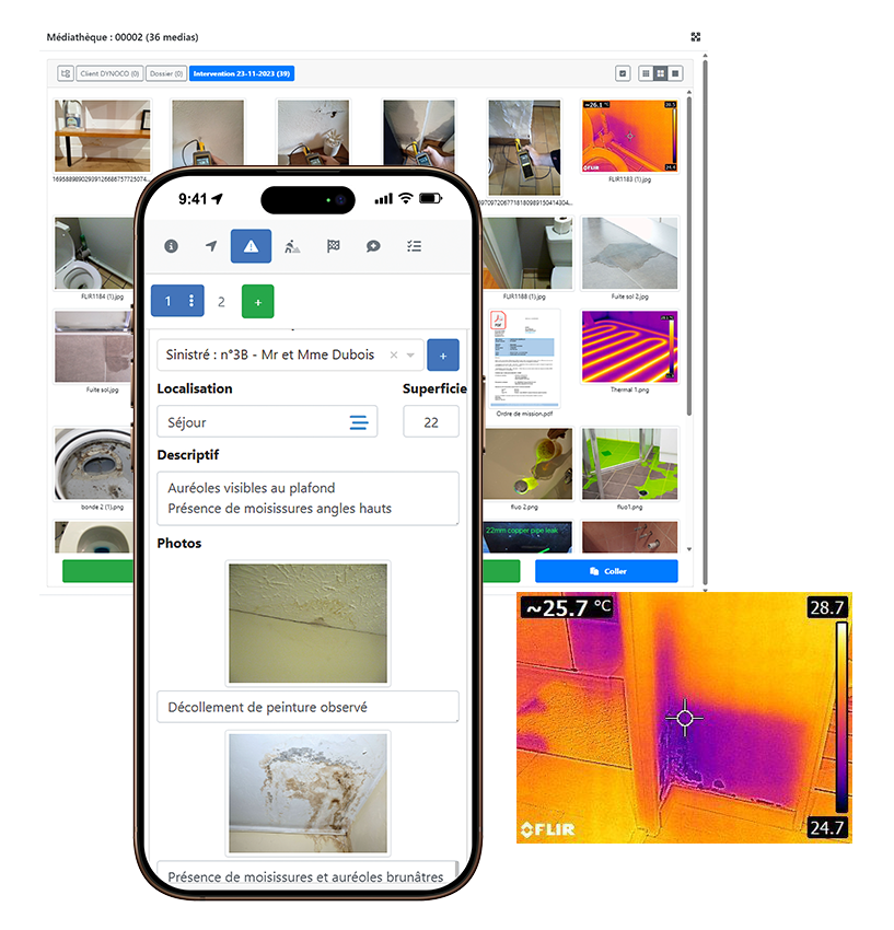 Gestion des photos prises sur le terrain lors d'une intervention permettant de générer un modèle de rapport de recherche de fuite